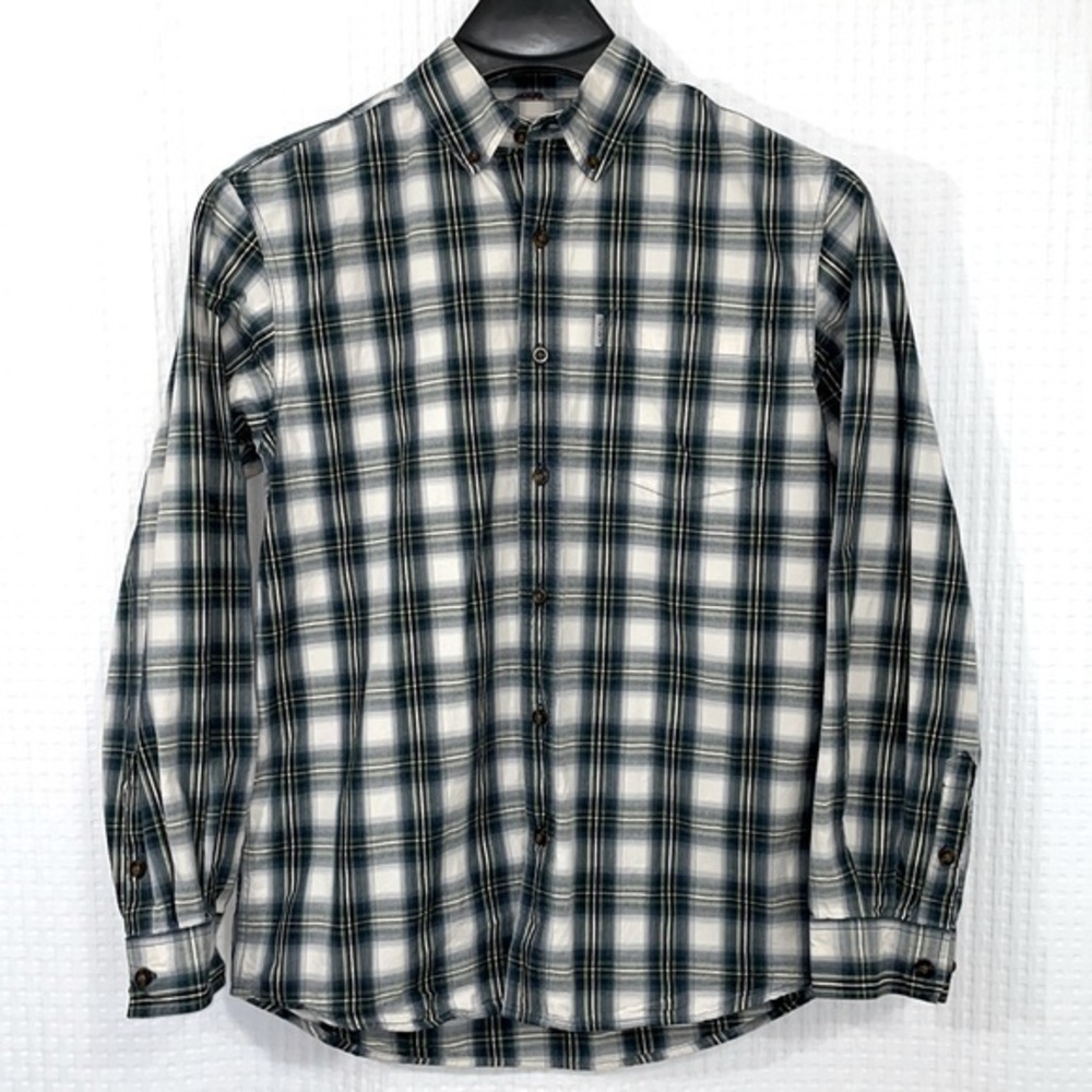 Carhartt men’s Medium cotton‎ blue, green & white plaid button down shirt. EUC
